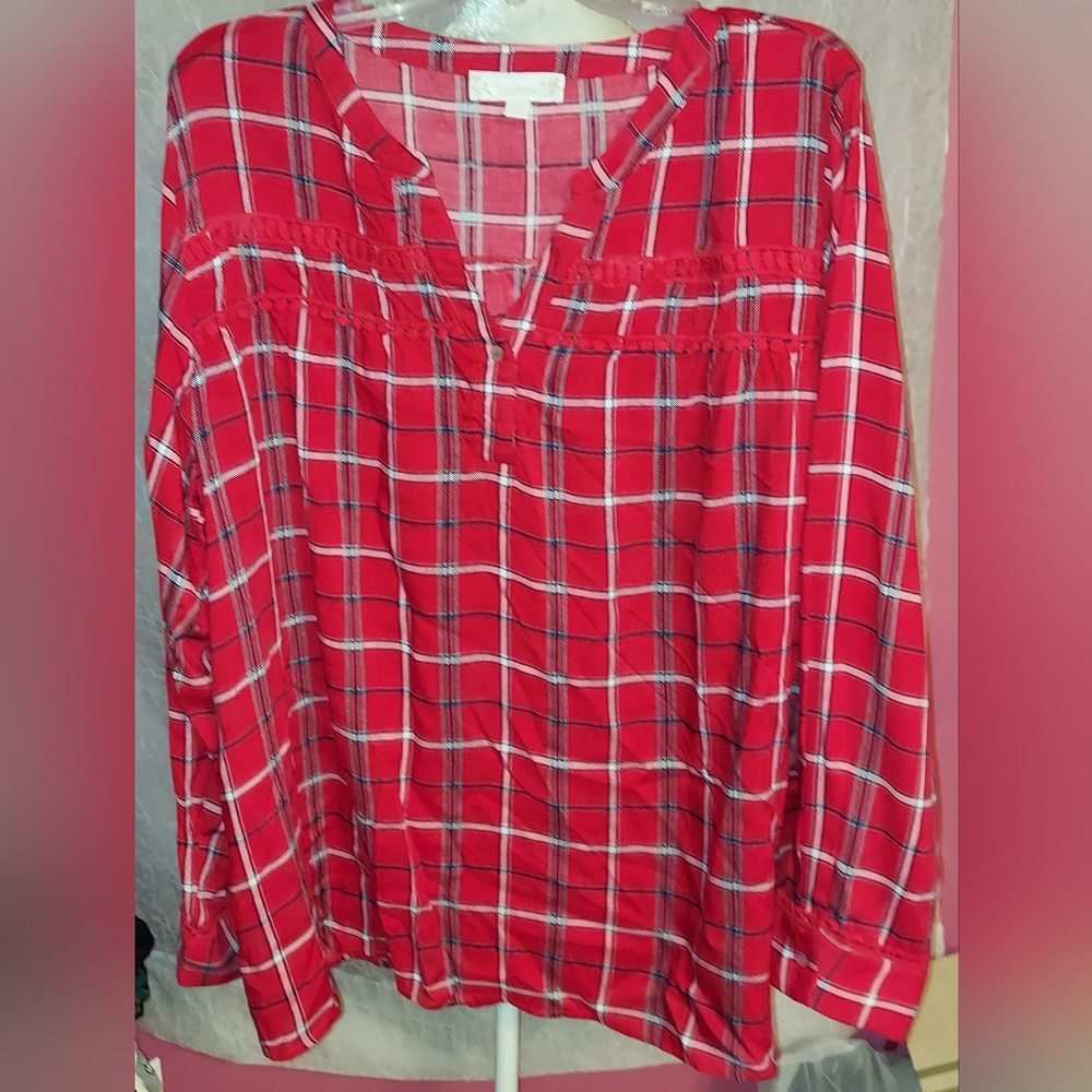 Women's 2X "Weekend Suzanne Betro" Plaid Print Top Shirt Long Sleeves